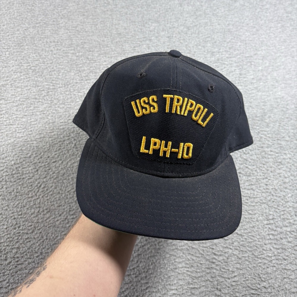 ⁠Vtg 80s USS Tripoli LPH 10 Navy Snapback Hat New Era DuPont Visor USA Made Cap